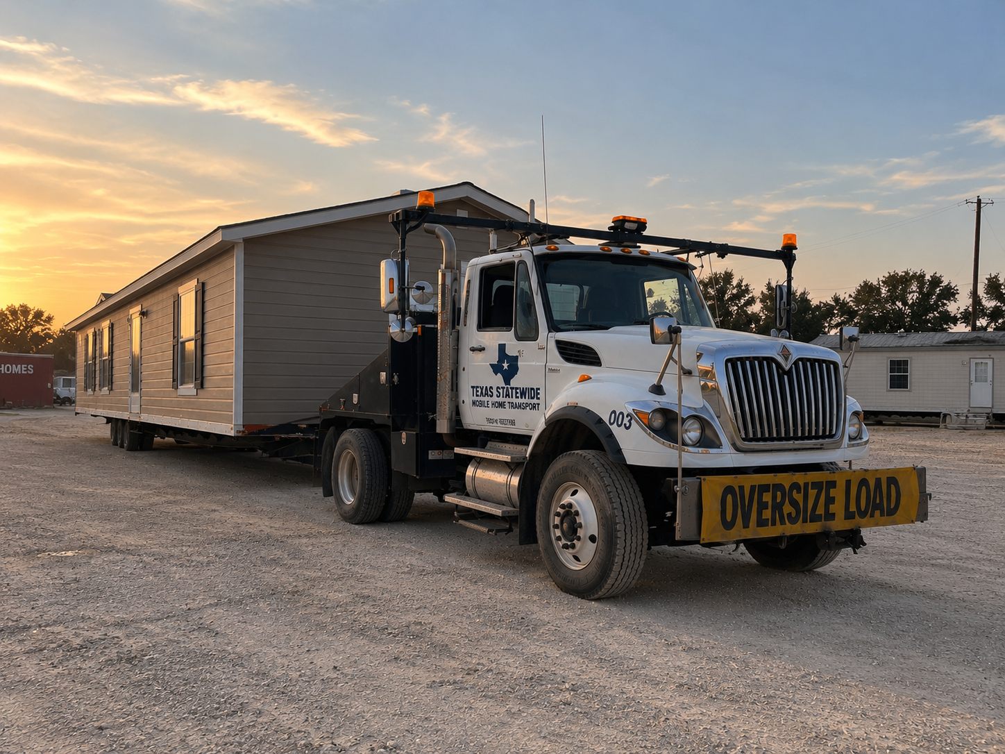 Texas Statewide Mobile Home Transport toter loaded with a single-wide manufactured home at sunset